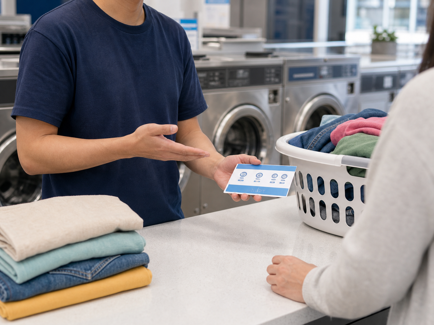 Laundromat attendant gesturing helpfully near a service counter with laundry and machines nearby