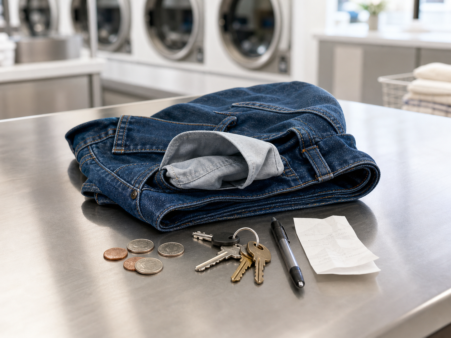 Jeans with a pocket turned out beside removed coins, keys, a pen, and a receipt on a laundromat folding table