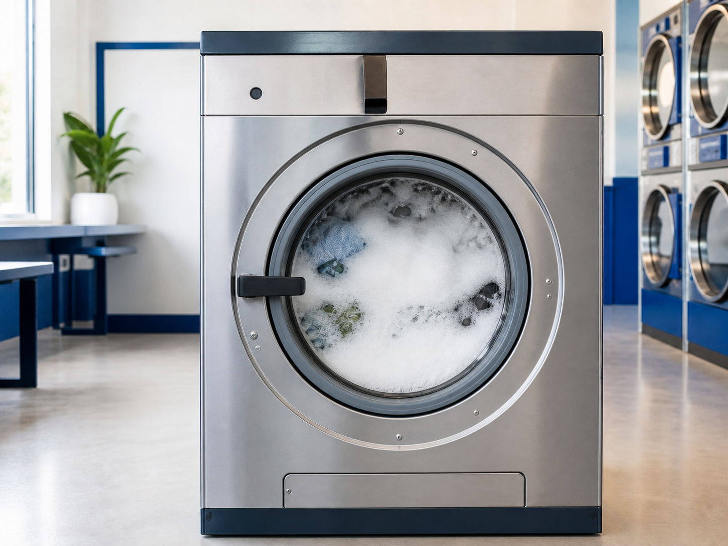 Commercial washer window filled with excessive white soap suds