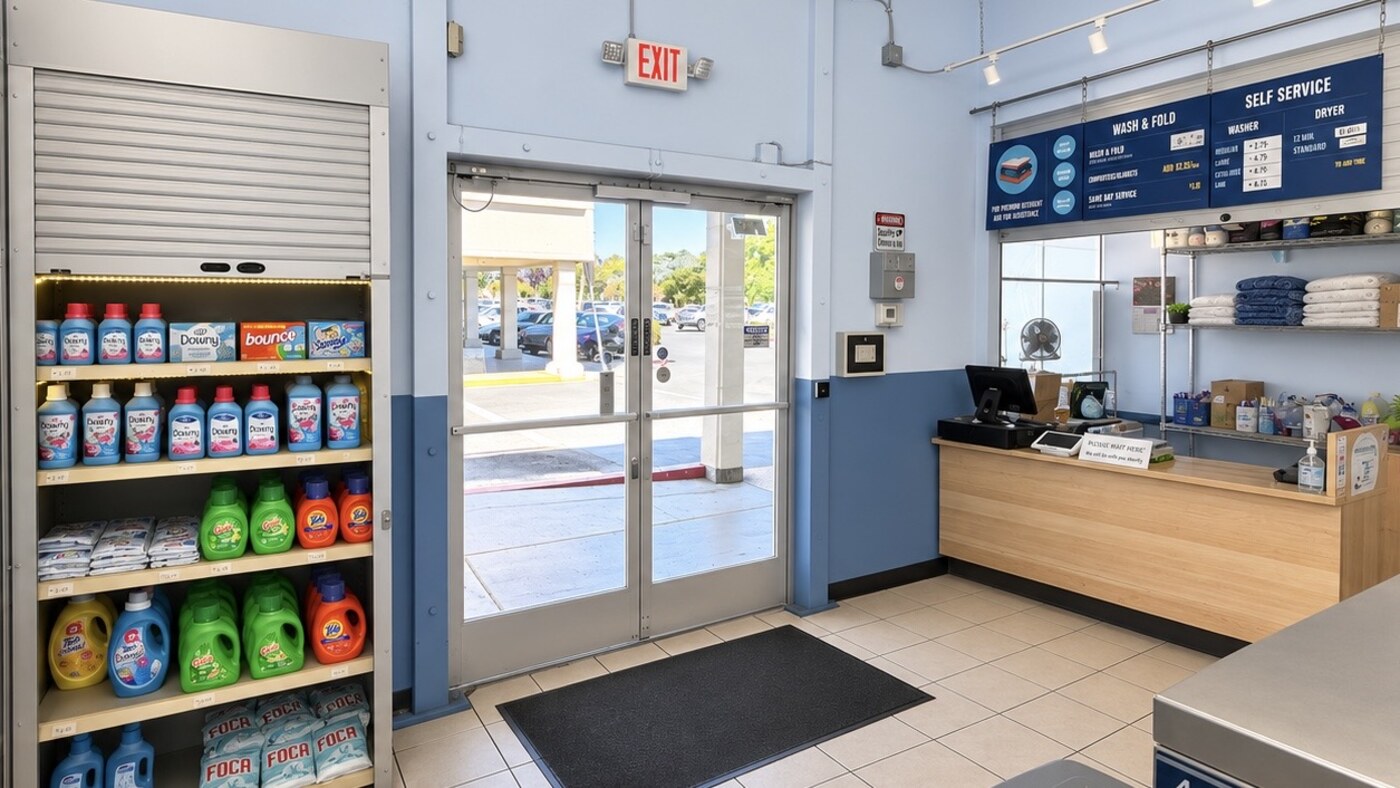 Service counter and laundry supplies at WashFoundry Sunnyvale