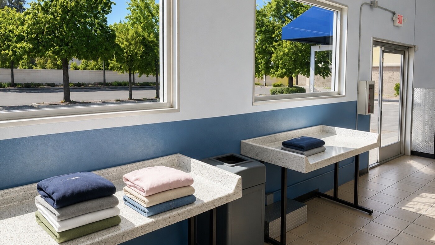 Folding counters near the windows inside WashFoundry Sunnyvale