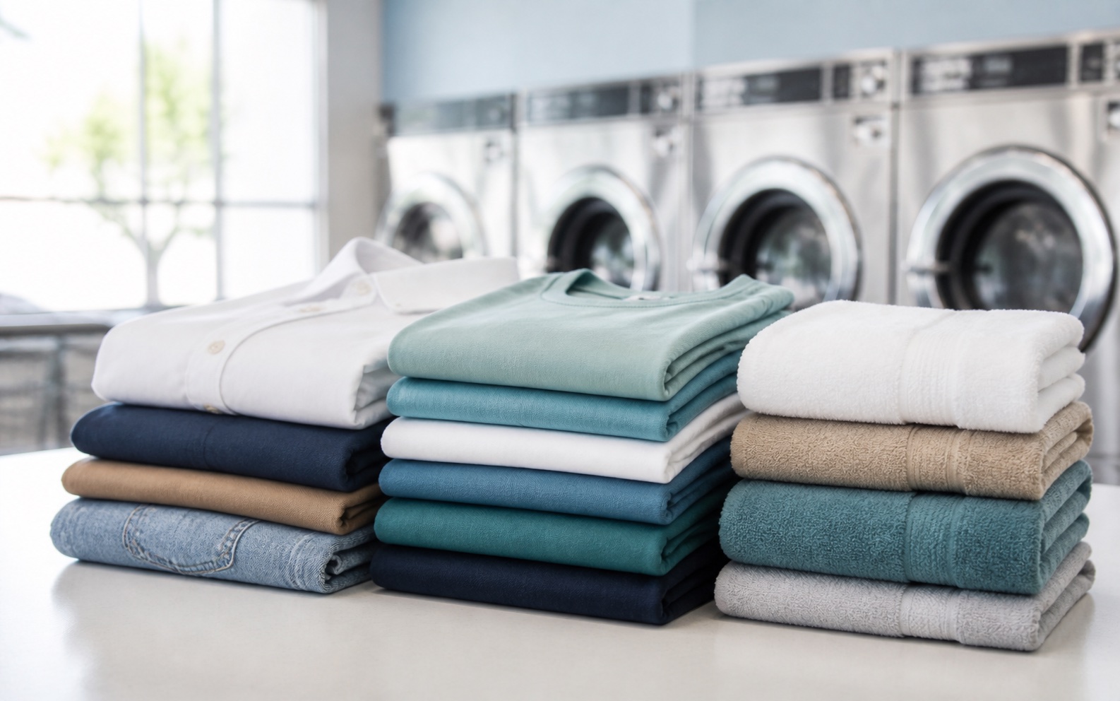 Folded shirts, jeans, and towels on a clean laundromat folding table